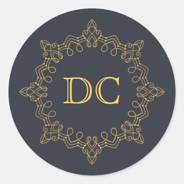 Blue Elegant Gold Design Monogram Classic Round Sticker (Front)