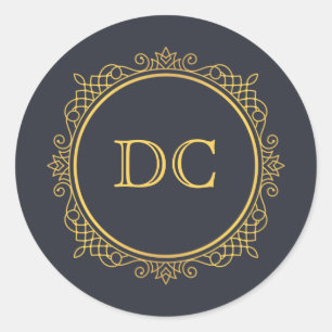 Blue Elegant Gold Design Monogram Classic Round Sticker