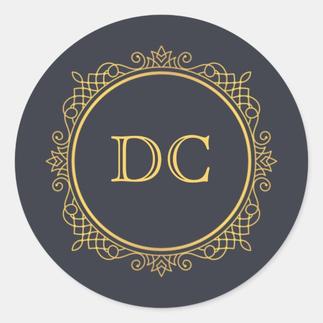 Blue Elegant Gold Design Monogram Classic Round Sticker (Front)