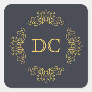 Blue Elegant Gold Design Monogram Square Sticker