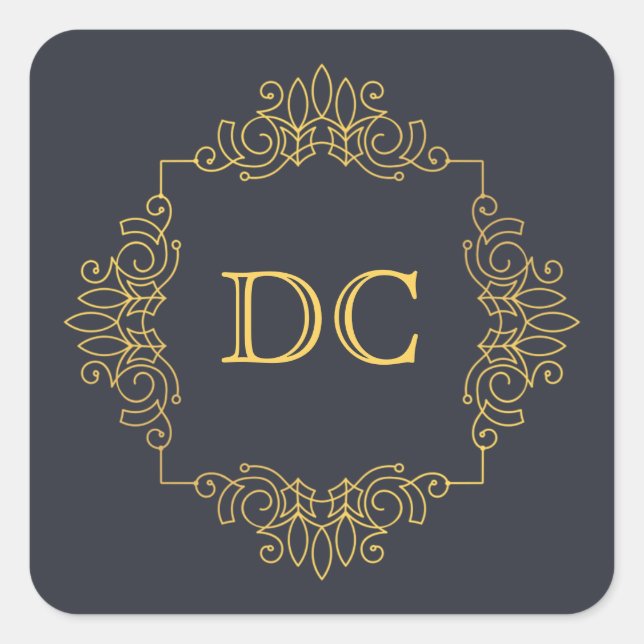 Blue Elegant Gold Design Monogram Square Sticker (Front)