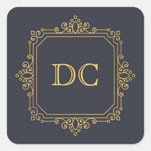 Blue Elegant Gold Design Monogram Square Sticker