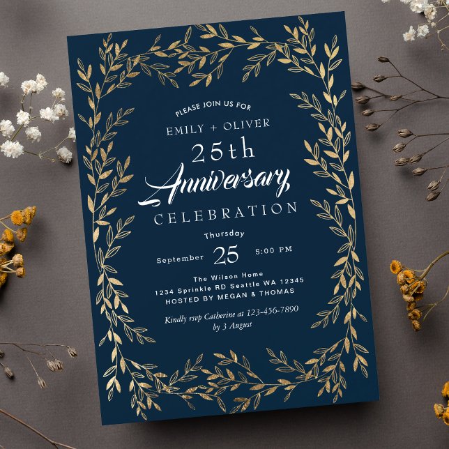Blue Elegant Gold Leaf Anniversary Invitation (Creator Uploaded)