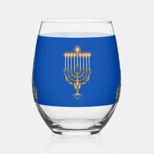 Blue Elegant Hanukkah Golden Menorah  Stemless Wine Glass