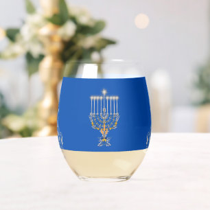 Blue Elegant Hanukkah Silver Menorah Stemless Wine Glass