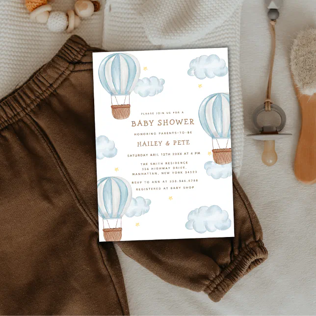 Blue Elegant Hot Air Balloon Cloud Boy Baby Shower Invitation | Zazzle