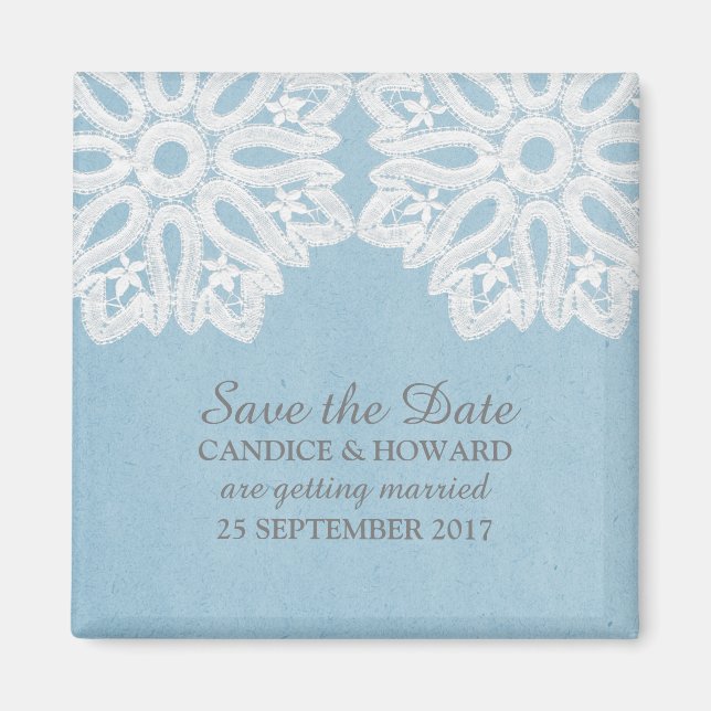 Blue Elegant Lace Save the Date Magnet (Front)