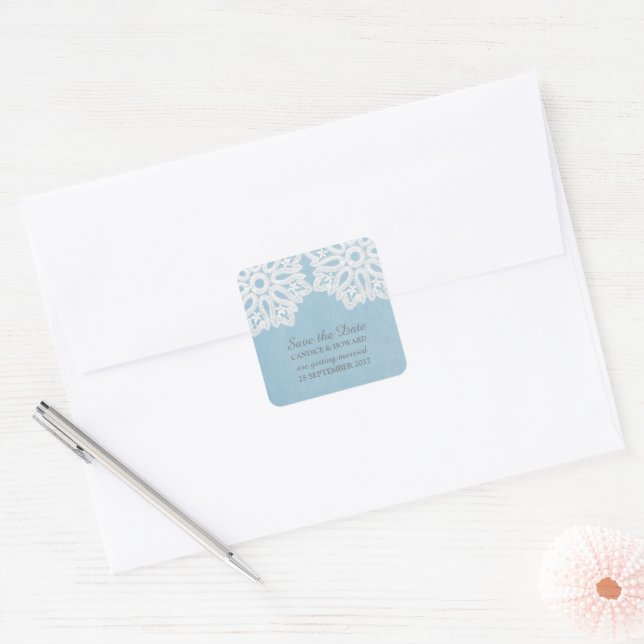 Blue Elegant Lace Save the Date Stickers (Envelope)