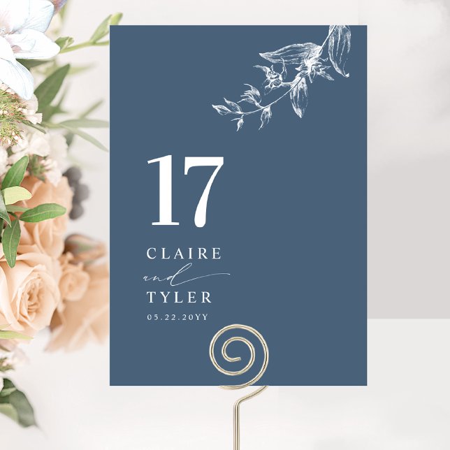 Blue Elegant, Minimal Botanical Wedding  Table Number (Creator Uploaded)
