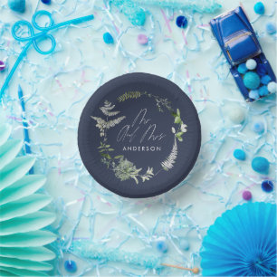 blue elegant modern botanical script wedding paper plate