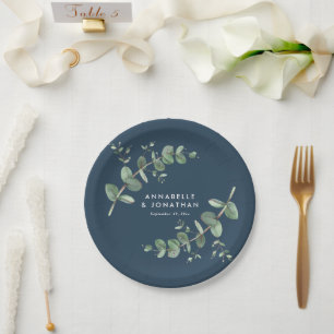 Blue elegant modern eucalyptus foliage wedding paper plate