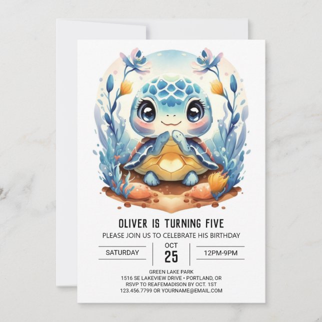  Blue Elegant Modern Turtle Boy Birthday Invitation (Front)