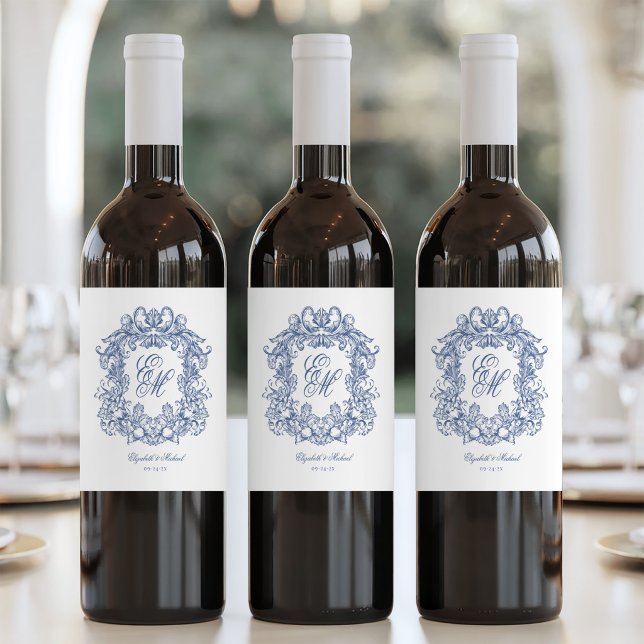 Blue Elegant Monogram Crest Vintage Wedding Wine Label (Creator Uploaded)