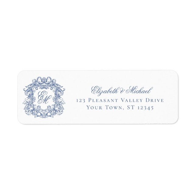 Blue Elegant Monogram Crest Wedding Return Address Label (Front)