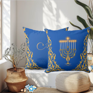 Blue Elegant Monogram Hanukkah Golden Menorah Cushion