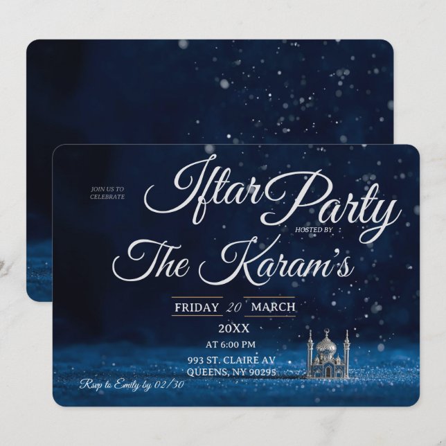 Blue Elegant Mosque Ramadan Iftar Party  Invitation (Front/Back)