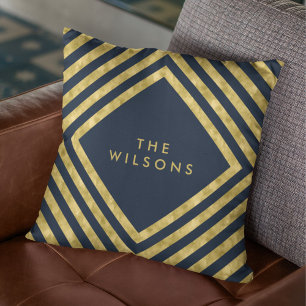 Blue Elegant Name Geometric Square Lines Pattern Cushion