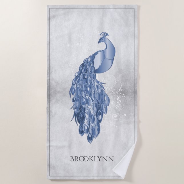 Blue Elegant Peacock Beach Towel (Front)