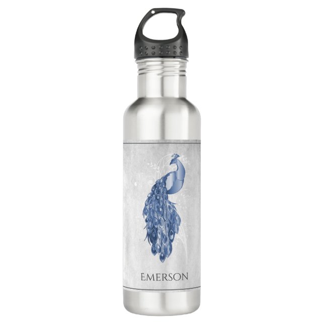 Blue Elegant Peacock Personalised 710 Ml Water Bottle (Front)