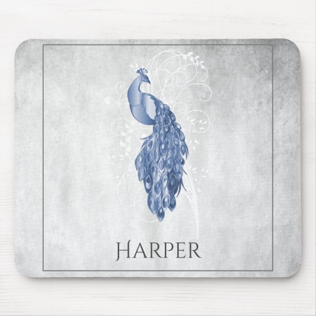 Blue Elegant Peacock Personalised Mouse Pad (Front)