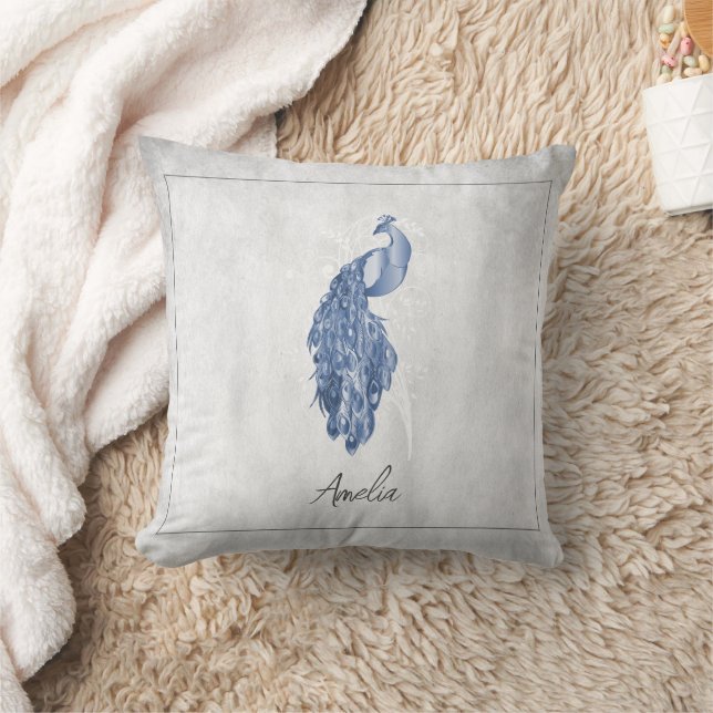 Blue Elegant Peacock Throw Pillow (Blanket)
