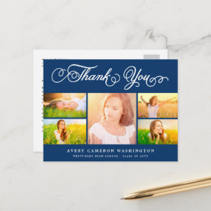 Blue Elegant Script 5 Photo Graduation Thank You Postcard