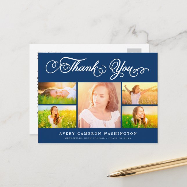 Blue Elegant Script 5 Photo Graduation Thank You Postcard (Front/Back In Situ)