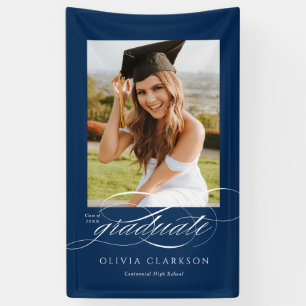 Blue Elegant Script Graduation Photo Party Banner