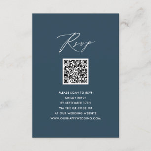 Blue Elegant Script Minimalist QR Wedding RSVP Enclosure Card