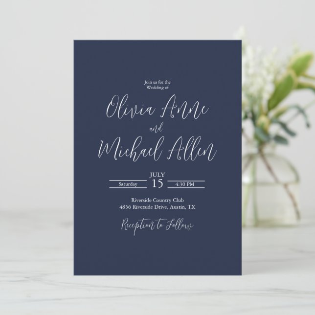 Blue Elegant Script Wedding Invitation (Standing Front)