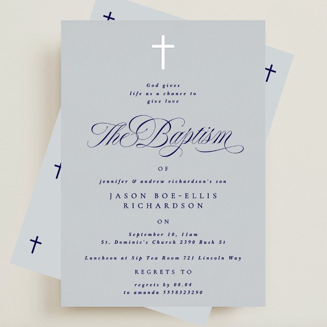 Blue Elegant Silver Cross Boy Baptism Invitation (Creator Uploaded)
