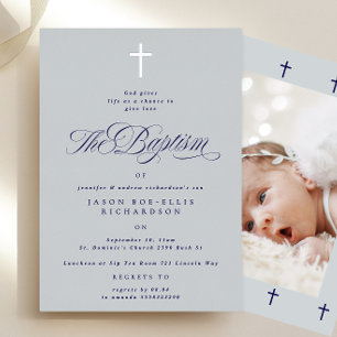 Blue Elegant Silver Cross Boy Baptism Photo Invite