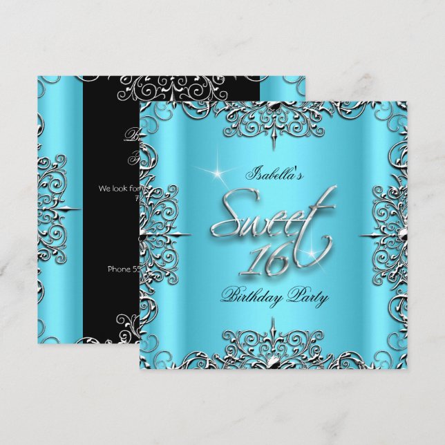Blue Elegant Sweet Sixteen 16 Birthday Party Invitation (Front/Back)