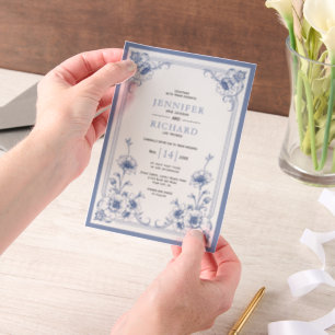 Blue elegant vintage floral frame wedding vellum invitations