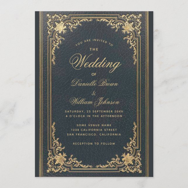 Blue Elegant Vintage Gold Calligraphy Wedding Invitation (Front)