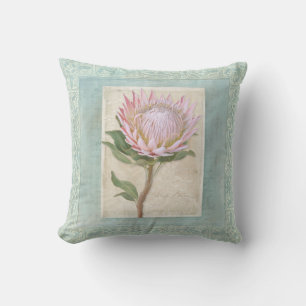 Blue Elegant Vintage Modern Floral Pink Protea Cushion