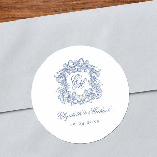 Blue Elegant Vintage Monogram Crest Wedding Classic Round Sticker