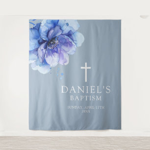 Blue Elegant Watercolor Floral Baptism Backdrop Tapestry