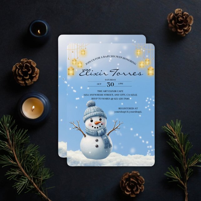 Blue Elegant Whimsical Winter Snowman Baby Shower  Invitation (Creator Uploaded)