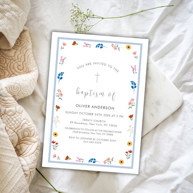Blue Elegant Wildflower Boy Christening Baptism Invitation (Blue Elegant Wildflower Boy Christening Baptism Invitation)