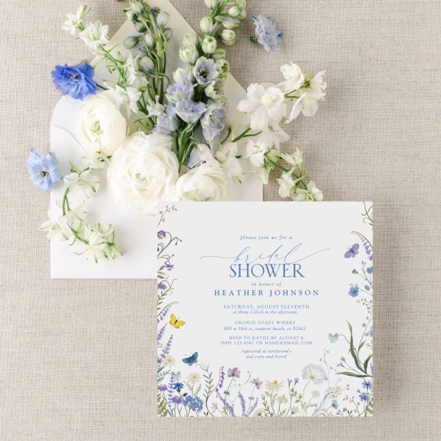 Blue Elegant Wildflower Floral Bridal Shower Invitation (Join us for a blue wildflower bridal shower!)