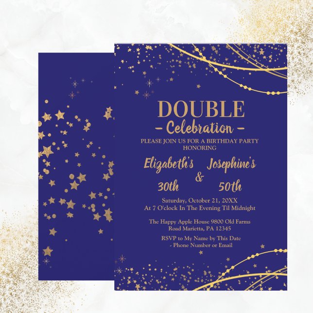Blue elegant with gold stars double joint birthday invitation (Creator Uploaded)