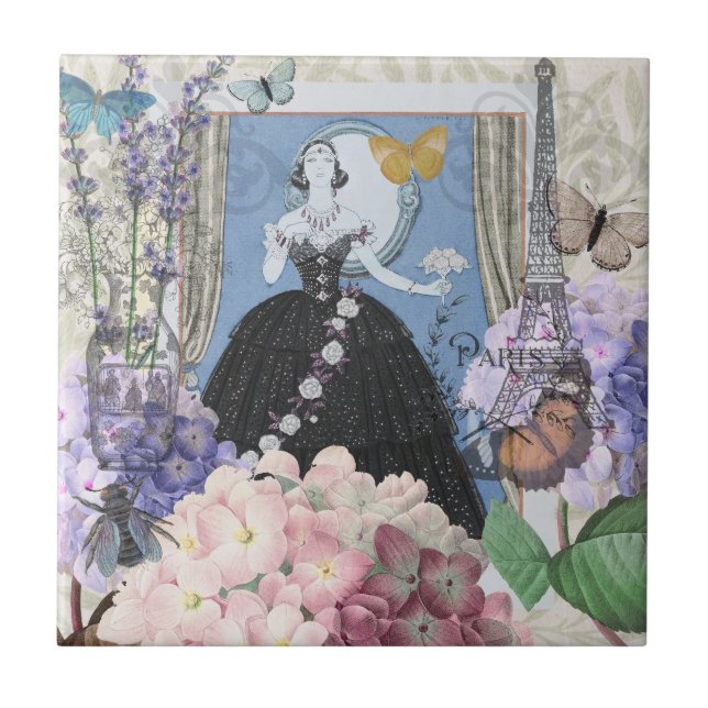 Blue Elegant Woman Floral Fancy Gown  Ceramic Tile (Front)