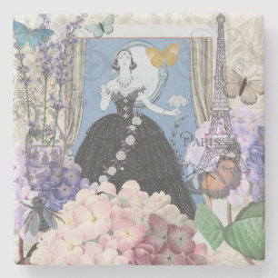Blue Elegant Woman Floral Fancy Gown  Stone Coaster