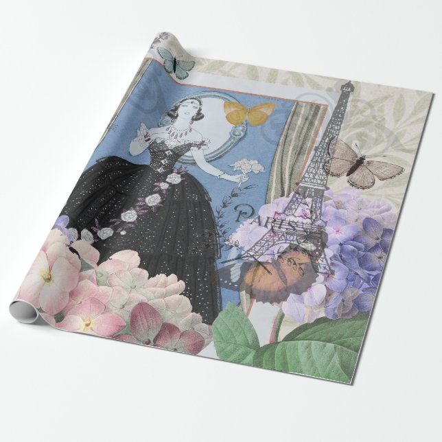 Blue Elegant Woman Floral Fancy Gown  Wrapping Paper (Unrolled)