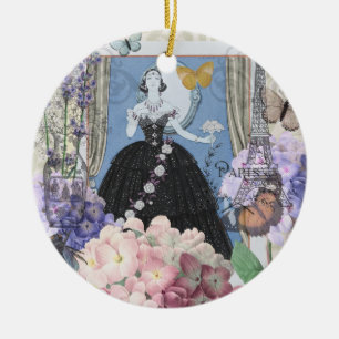 Blue Elegant Woman Floral Gown Dressy Ceramic Ornament