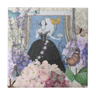 Blue Elegant Woman Floral Gown Dressy Ceramic Tile