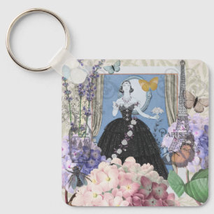 Blue Elegant Woman Floral Gown Dressy Key Ring