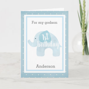Blue Elephant 1st Birthday Godson Card