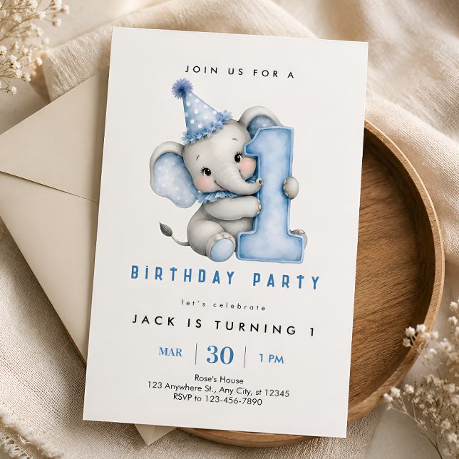Blue Elephant 1st Birthday Invitation for Boy (Creator Uploaded)